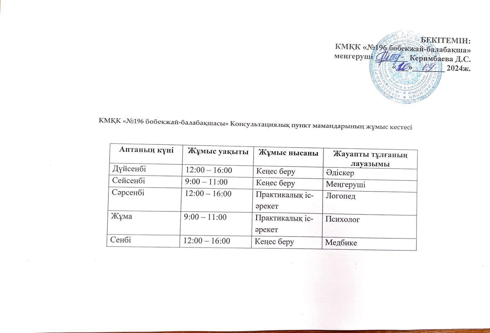 Кеңес беру пунтінің жұмыс кестесі